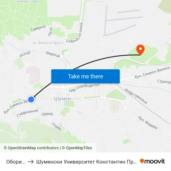 Оборище to Шуменски Университет Константин Преславски map