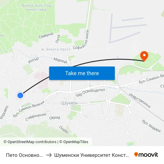 Пето Основно Училище to Шуменски Университет Константин Преславски map