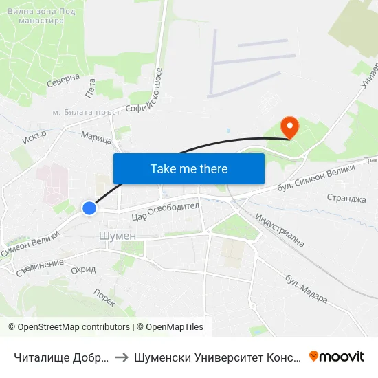 Читалище Добри Войников to Шуменски Университет Константин Преславски map