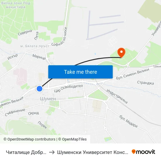Читалище Добри Войников to Шуменски Университет Константин Преславски map