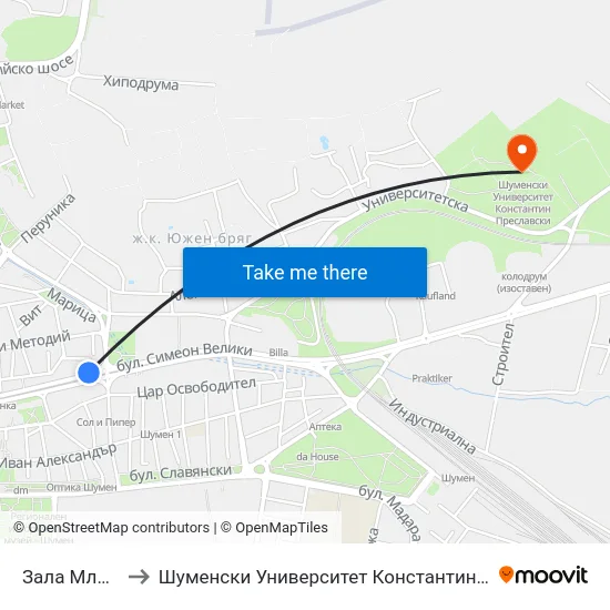 Зала Младост to Шуменски Университет Константин Преславски map