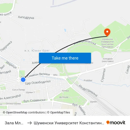 Зала Младост to Шуменски Университет Константин Преславски map