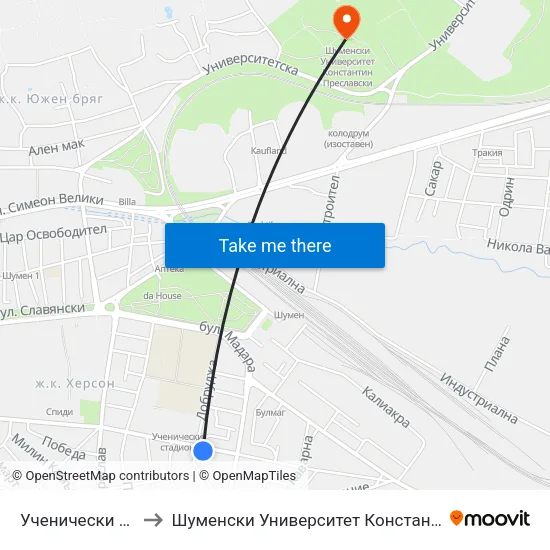 Ученически Стадион to Шуменски Университет Константин Преславски map
