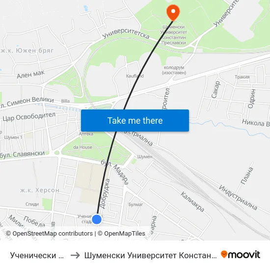 Ученически Стадион to Шуменски Университет Константин Преславски map