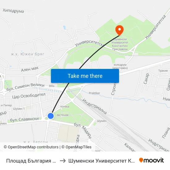 Площад България / Руски Паметник to Шуменски Университет Константин Преславски map