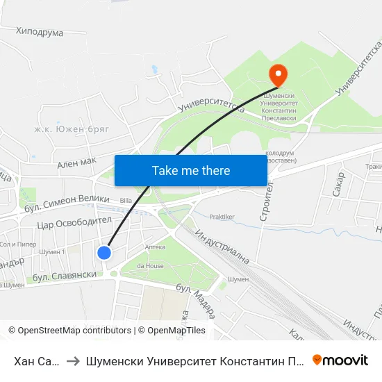 Хан Сабин to Шуменски Университет Константин Преславски map