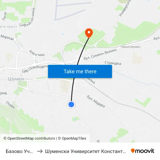 Базово Училище to Шуменски Университет Константин Преславски map
