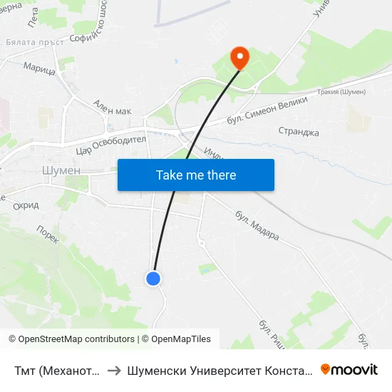 Тмт (Механотехникум) to Шуменски Университет Константин Преславски map