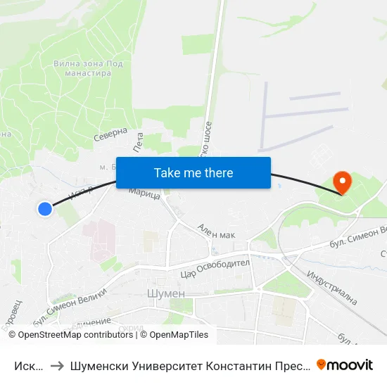Искър to Шуменски Университет Константин Преславски map