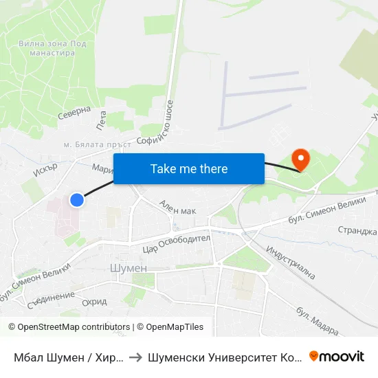 Мбал Шумен / Хирургически Блок to Шуменски Университет Константин Преславски map