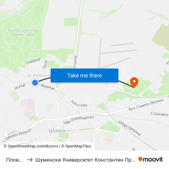 Пловдив to Шуменски Университет Константин Преславски map