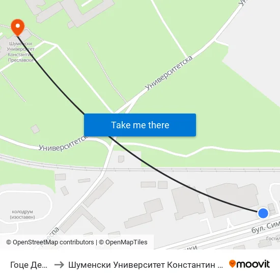 Гоце Делчев to Шуменски Университет Константин Преславски map