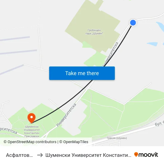 Асфалтова База to Шуменски Университет Константин Преславски map