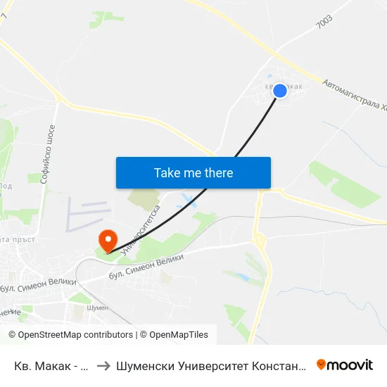 Кв. Макак - Център to Шуменски Университет Константин Преславски map