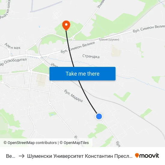Вела to Шуменски Университет Константин Преславски map