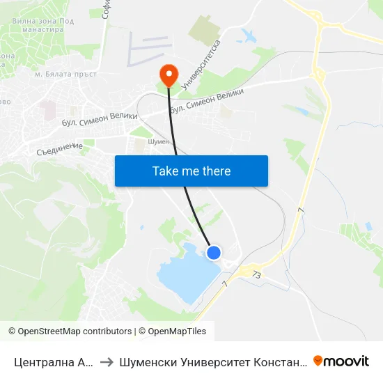 Централна Автобаза to Шуменски Университет Константин Преславски map