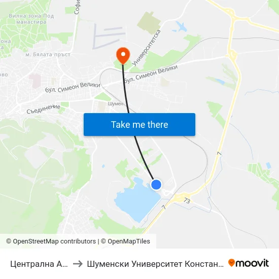 Централна Автобаза to Шуменски Университет Константин Преславски map
