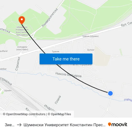 Зиено to Шуменски Университет Константин Преславски map