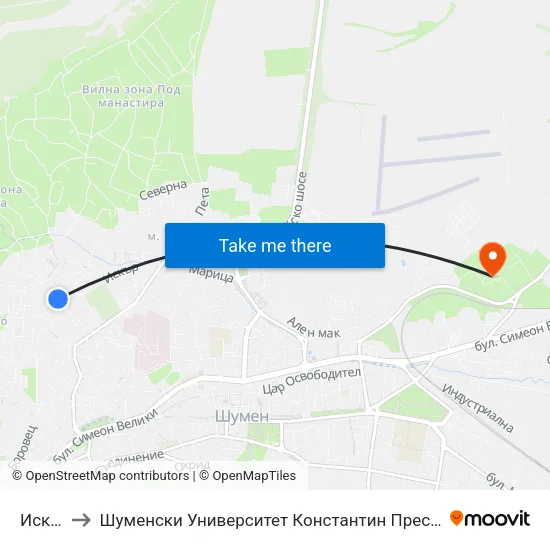 Искър to Шуменски Университет Константин Преславски map