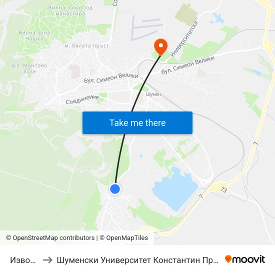 Изворна to Шуменски Университет Константин Преславски map