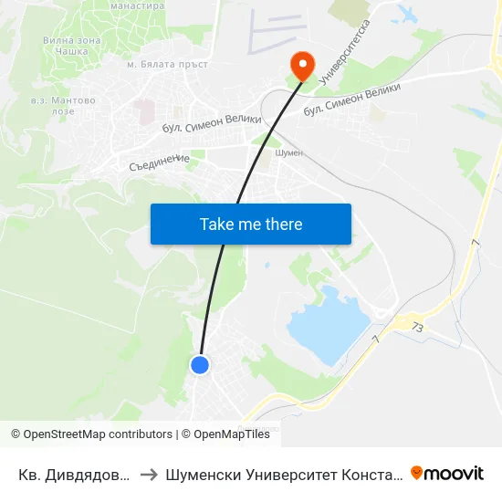 Кв. Дивдядово, Център to Шуменски Университет Константин Преславски map