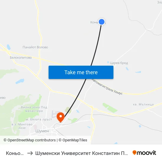 Коньовец to Шуменски Университет Константин Преславски map