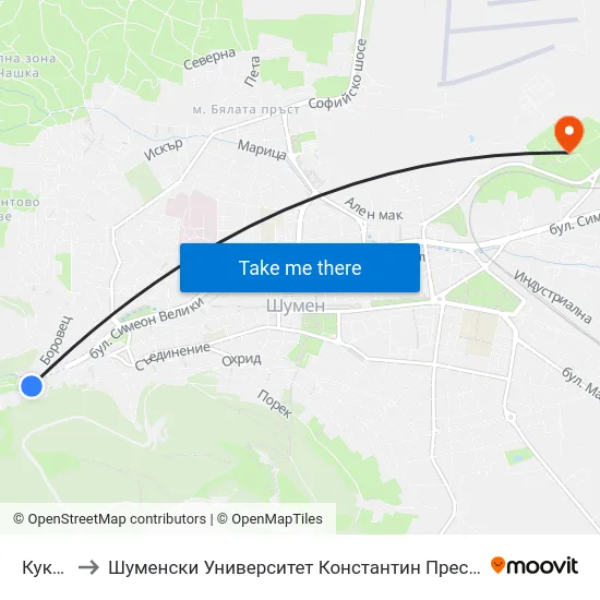 Кукуш to Шуменски Университет Константин Преславски map