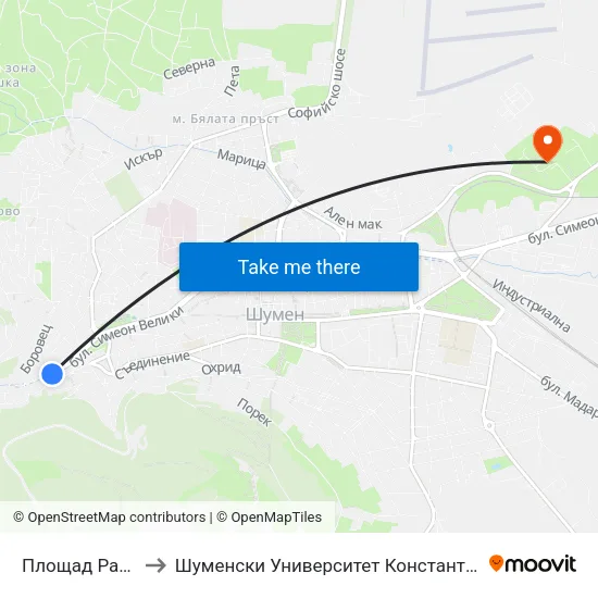 Площад Раковски to Шуменски Университет Константин Преславски map