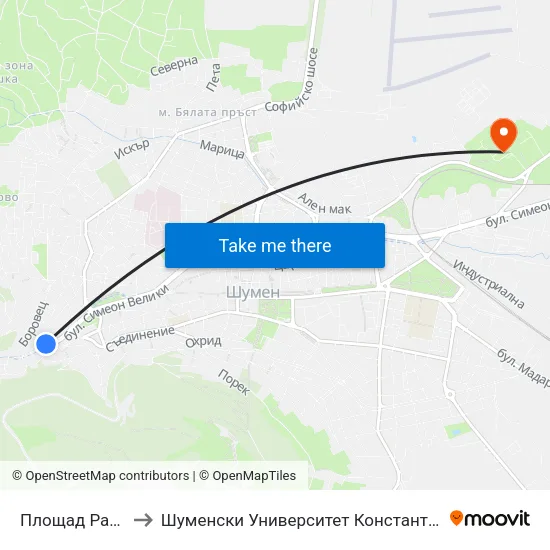 Площад Раковски to Шуменски Университет Константин Преславски map
