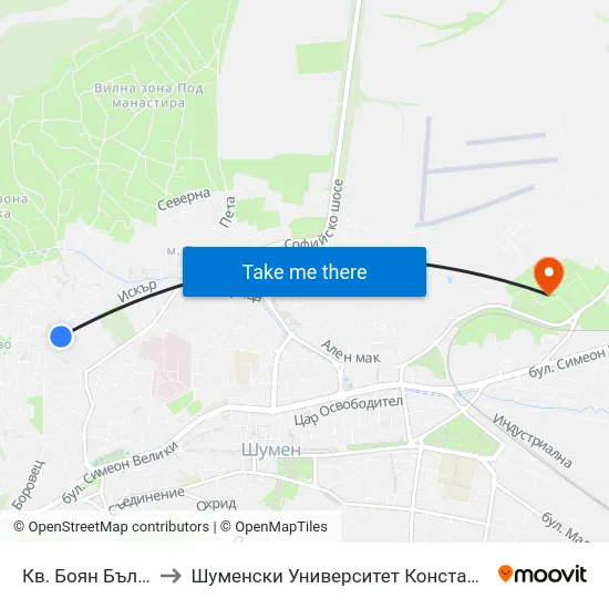 Кв. Боян Българанов to Шуменски Университет Константин Преславски map