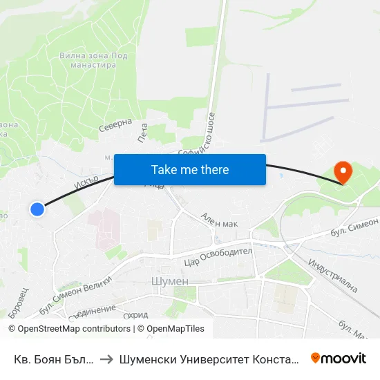 Кв. Боян Българанов to Шуменски Университет Константин Преславски map