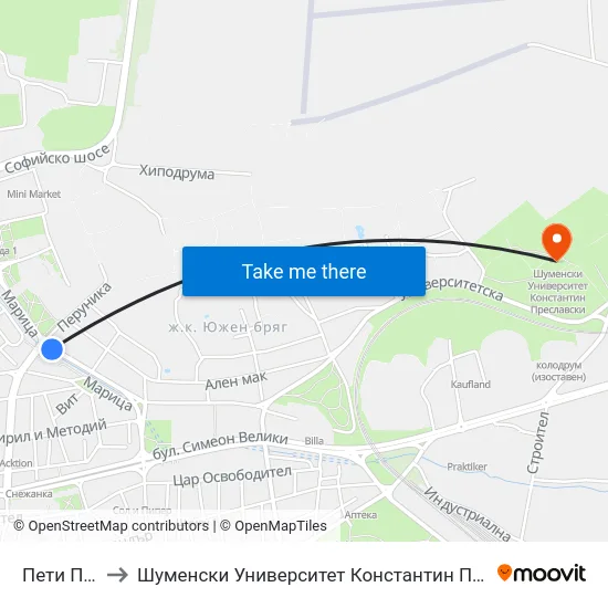 Пети Полк to Шуменски Университет Константин Преславски map