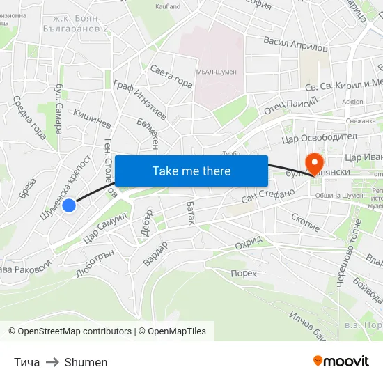 Тича to Shumen map