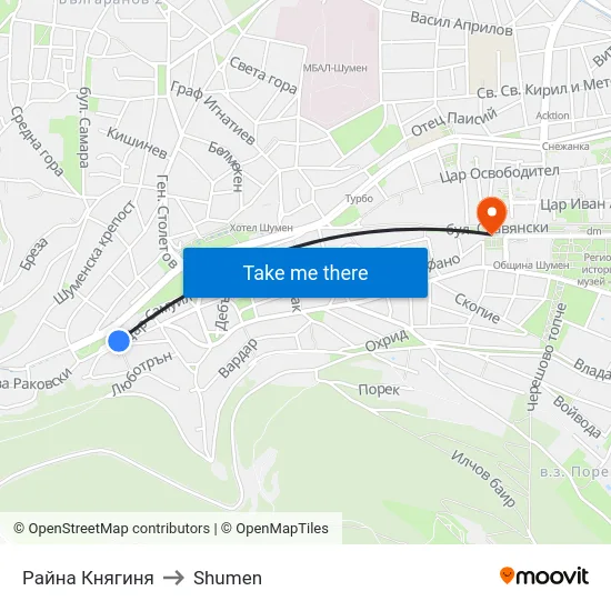 Райна Княгиня to Shumen map