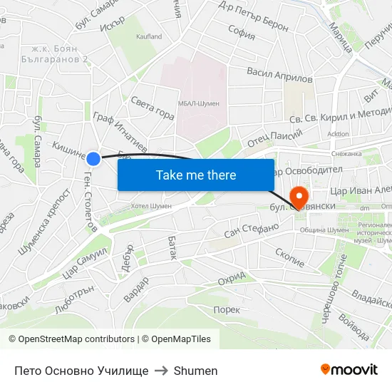 Пето Основно Училище to Shumen map