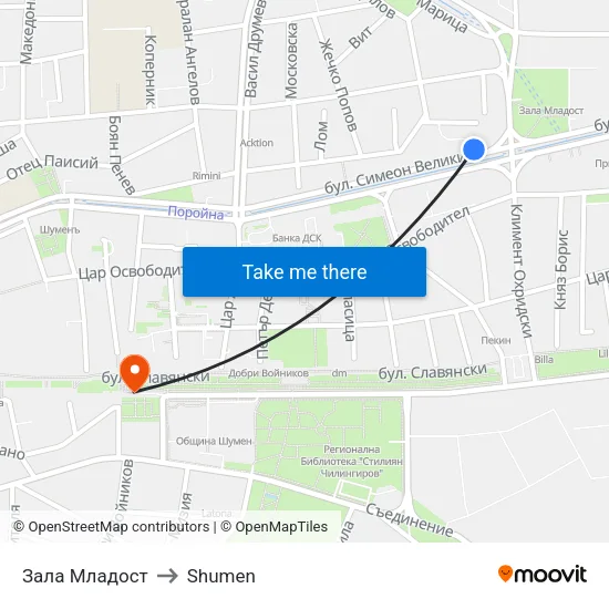 Зала Младост to Shumen map