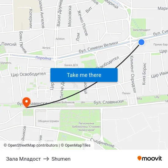Зала Младост to Shumen map