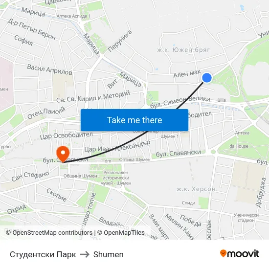 Студентски Парк to Shumen map