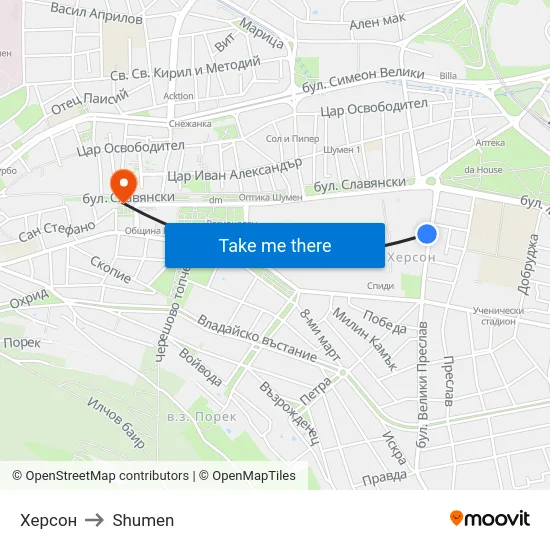 Херсон to Shumen map