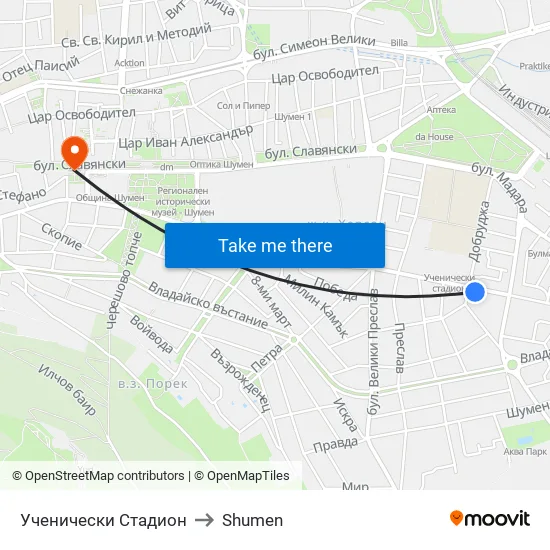 Ученически Стадион to Shumen map