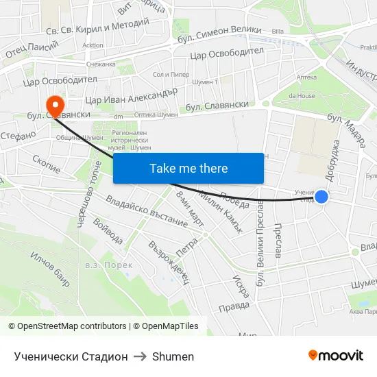 Ученически Стадион to Shumen map