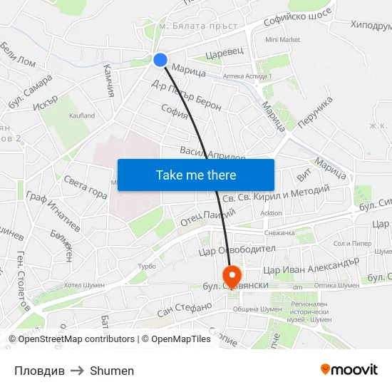 Пловдив to Shumen map