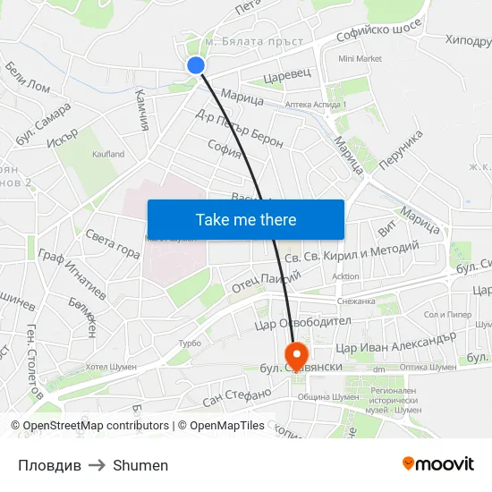 Пловдив to Shumen map