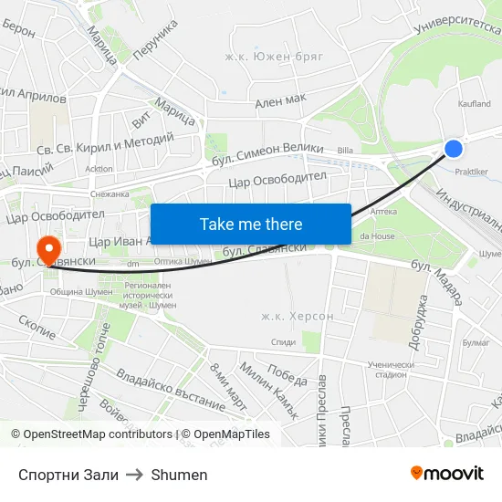 Спортни Зали to Shumen map