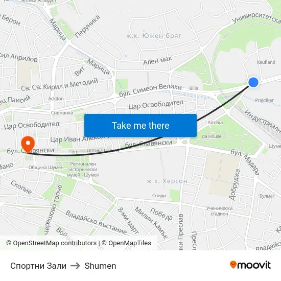 Спортни Зали to Shumen map