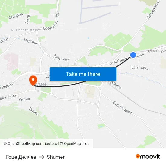 Гоце Делчев to Shumen map