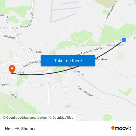 Нис to Shumen map