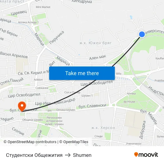 Студентски Общежития to Shumen map