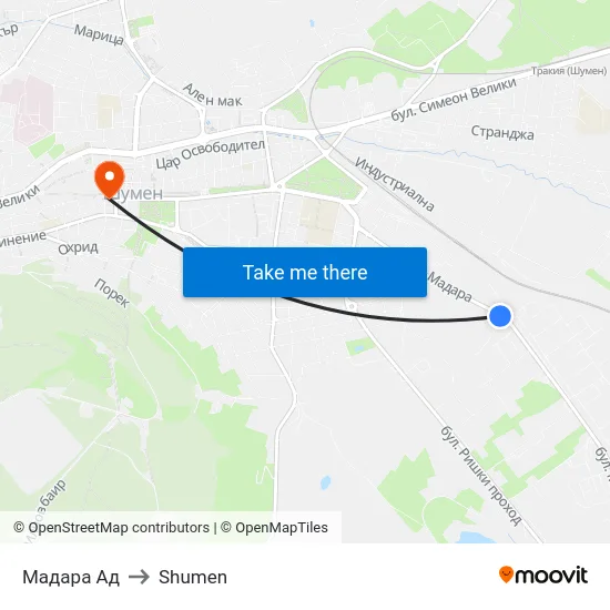 Мадара Ад to Shumen map