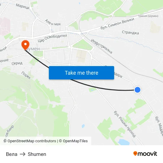 Вела to Shumen map